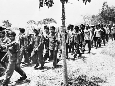 Las tropas de Khmer Rojo en la base de Ta Sanh se rinden al ejército revolucionario camboyano y a los soldados voluntarios de Vietnam después de que la base fuera ocupada, el 28 de marzo de 1979. (Fuente: VNA)