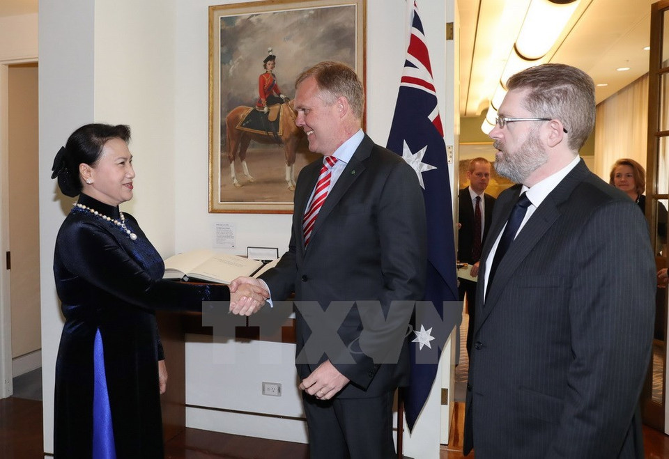 Nguyen Thi Kim Ngan, y los presidentes de la Cámara de Representantes, Tony Smith, y del Senado, Scott Ryan, de Australia (Fuente: VNA)