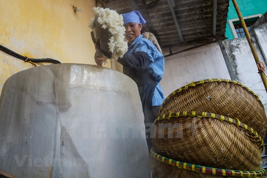 Ese arroz se deja reposar por tres días hasta que coja el color amarrillo de los hongos (Foto: VNA)