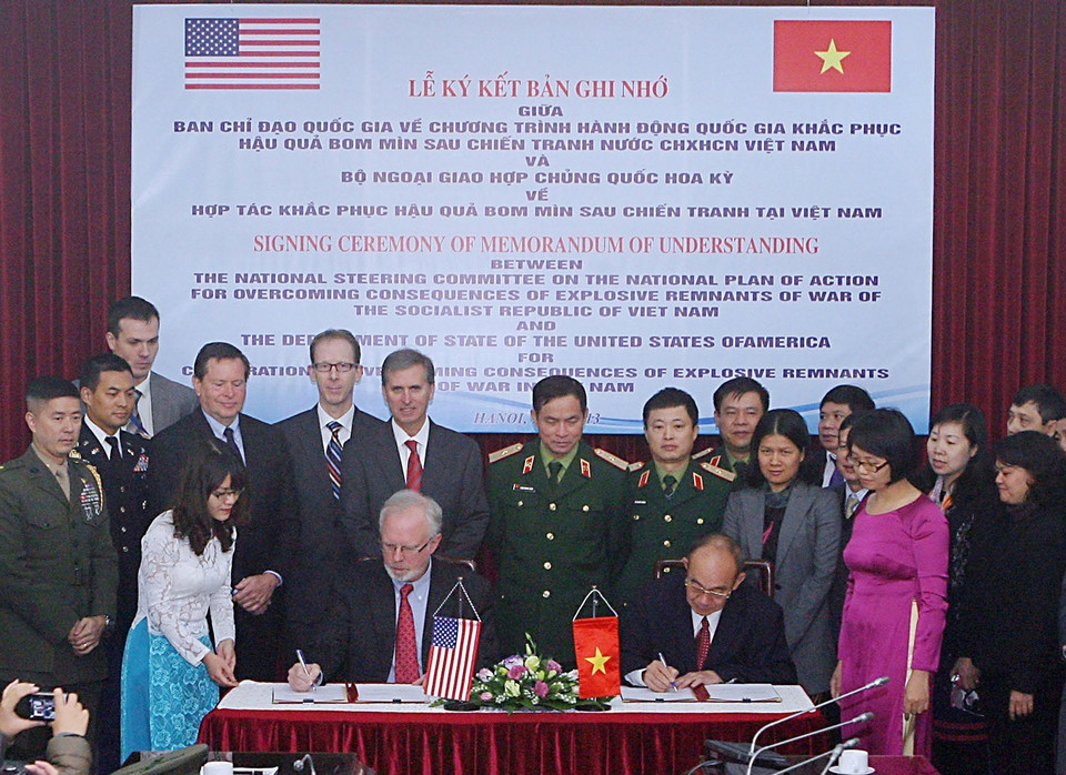 Firma de un Memorando de Entendimiento sobre la cooperación para superar las consecuencias de las bombas y minas remanentes de la guerra, entre el Comité Directivo Nacional de Vietnam del Programa de Acción Nacional y el Departamento de Estado de los Estados Unidos, 16 de diciembre de 2013. Foto: VNA