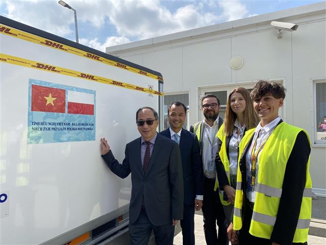 El embajador vietnamita en Polonia, Nguyen Hung, y el personal de la Embajada asistieron a la ceremonia de entrega de 501 mil 600 dosis de la vacuna contra el COVID-19 donadas por el gobierno polaco a Vietnam (Foto: VNA)