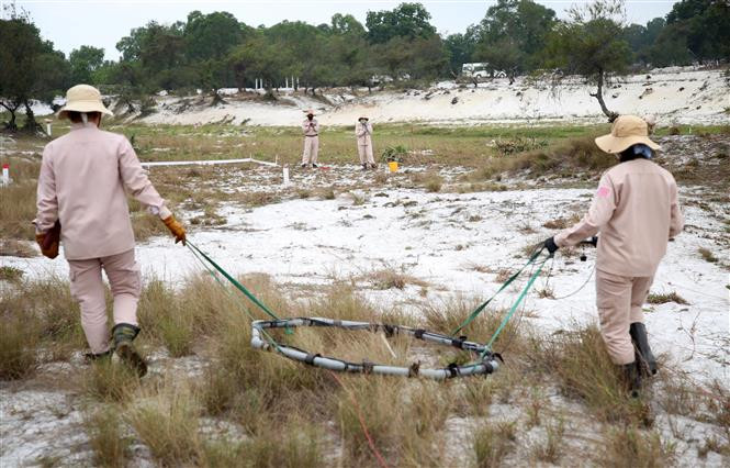 Miembro de MAT 19, único equipo femenino de desminado entre los 40 equipos establecidos y desplegados por el Grupo Asesor de Minas (MAG) de Reino Unido en la provincia centrovietnamita de Quang Tri (Foto: VNA)