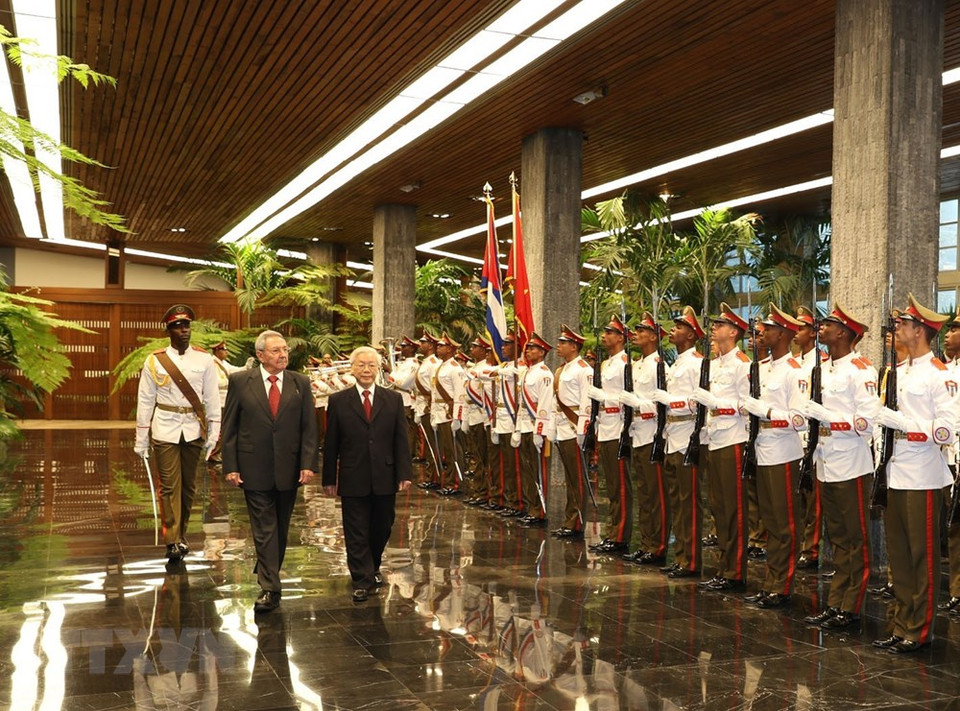 El acto de recibimiento a Nguyen Phu Trong se efectuó en el Palacio de la Revolución, en La Habana (Fuente: VNA)