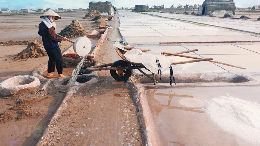 Además, se han implementado cadenas de producción y compra de sal para ayudar a las personas a mejorar los campos de sal y llevar sal a las instalaciones de producción de sal limpia. Actualmente, toda la comuna cuenta con más de 30 agentes privados y cuatro empresas están comprando y procesando sal limpia. Como resultado, el precio actual de la sal es estable y tiende a subir más, aliviando una parte de las dificultades para los productores de sal. Sin embargo, la producción de sal, como muchas otras ocupaciones agrícolas, depende en gran medida del clima. Los agricultores desean que el Estado tenga políticas más favorables para estabilizar los precios, equilibrar la oferta y la demanda para evitar que los pequeños comerciantes aprieten los precios. (Foto: Vietnam +) 