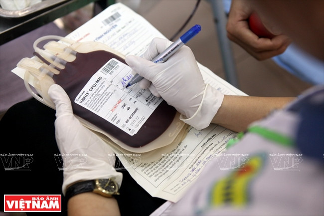 Bolsas de sangre con informaciones detalladas sobre hora y fecha de la donación. (Fuente: VNA)