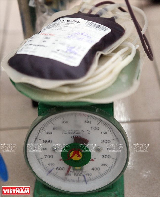 Pesaje de las bolsas de sangre. (Fuente: VNA)