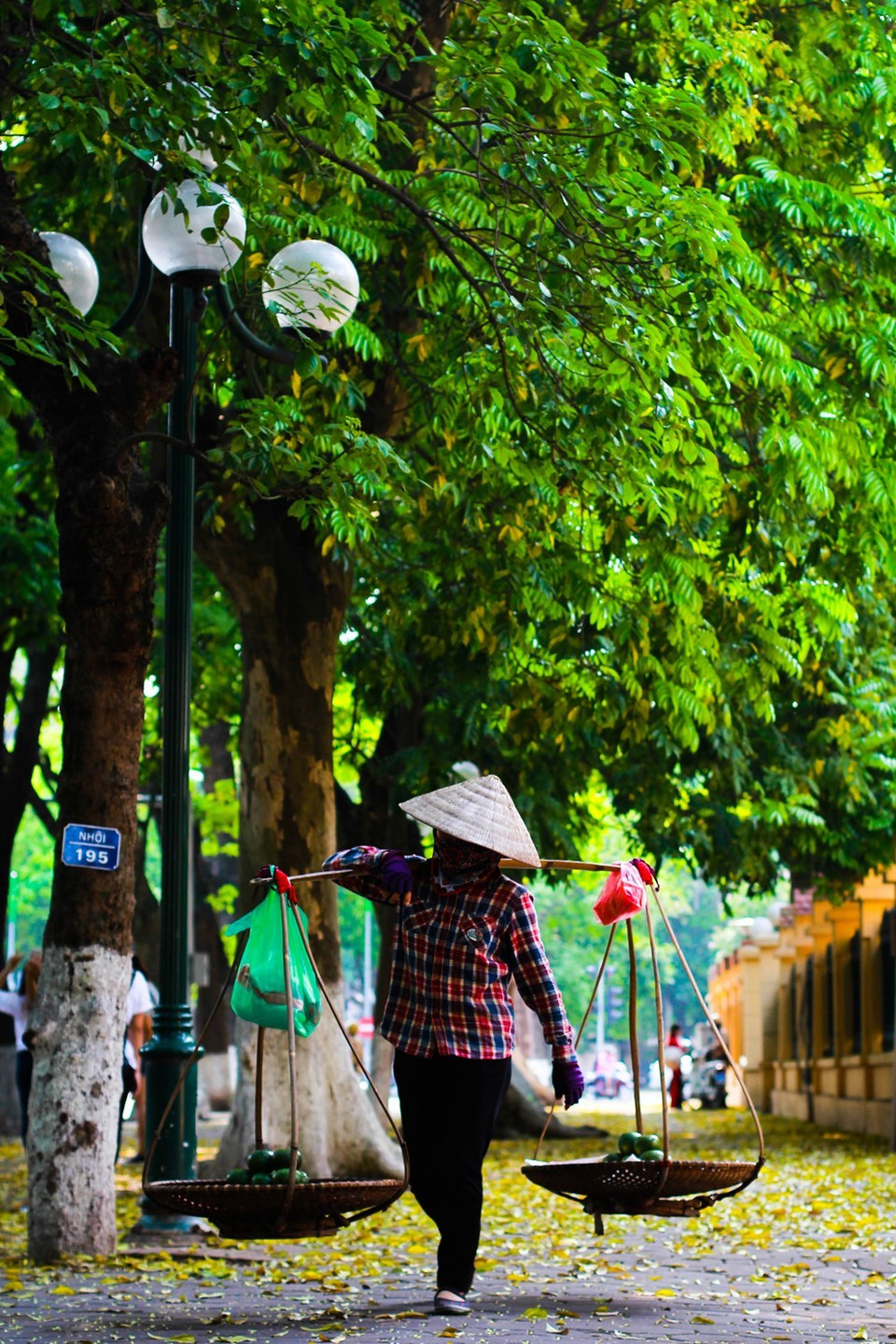 Una mujer está vendiendo frutas con Quang Ganh en su hombro (Foto: VNA)