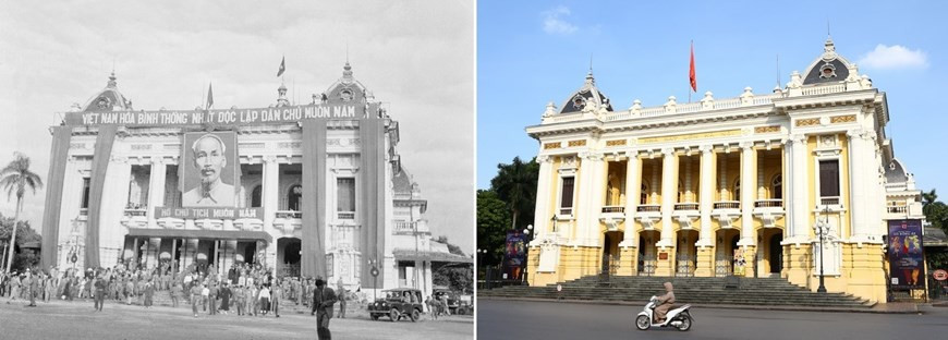 El Teatro de la Ópera de Hanoi en el día que la Comisión Militar Principal se presenta por primera vez a pobladores de la capital, octubre de 1954, y cómo luce este emblemático edificio más de seis décadas después. (Foto: VNA)