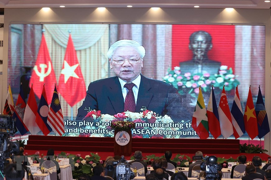 El secretario general del Partido Comunista y presidente de Vietnam, Nguyen Phu Trong, interviene de forma virtual en el acto inaugural de AIPA-41, Fuente: VNA