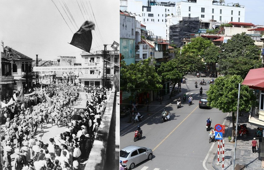 Soldados del Ejército Popular de Vietnam avanzan por la calle Hang Gai para tomar posesión de la capital la mañana del 10 de octubre de 1954 y cómo luce esta arteria capitalina en la actualidad. (Foto: VNA)