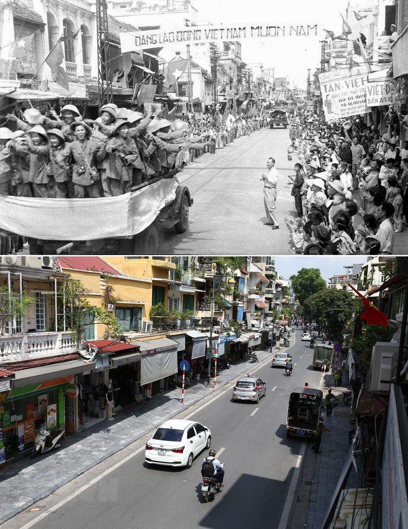 El convoy que transporta a los soldados del Ejército pasa por la calle Hang Dao la mañana del 10 de octubre de 1954, con la alegría ante la bienvenida de miles de personas. La misma calle que hoy ofrece está visión. (Foto: VNA)
