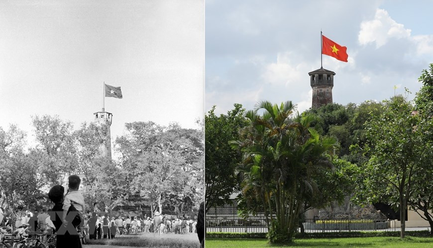 La población mira con alegría el pabellón que ondea en la torre de la bandera de Hanoi el 10 de octubre de 1954, día de la liberación de la capital, y hoy. (Foto: VNA)