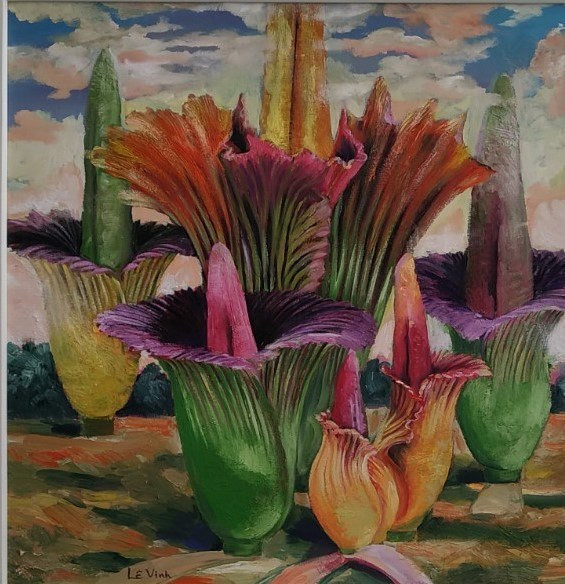 A diferencia de otros países, Indonesia cuenta con tres flores nacionales, que son el jazmín, la orquídea luna y el Bunga bangkai. En la obra, el autor Le Vinh dibujó esta última especie, conocida con el nombre científico Amorphophallus titanum. La mata de Bunga bangkai desprende un fétido olor a carne podrida, característica que la hace única. Por tal motivo, se la ha denominado "flor cadáver". Ese desagradable aroma tiene la función de atraer a los insectos polinizadores para que se encarguen del intercambio de polen necesario para su reproducción. Pese a su olor peculiar, Bunga bangkai es una especie rara y endémica que solo se encuentra en la isla de Sumatra, y es mundialmente famosa por su enorme tamaño. (Foto: Vietnam+)