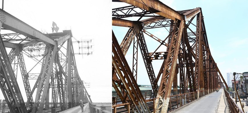 Los soldados colocan la bandera de la liberación en el puente Long Bien, que hoy regala la siguiente vista. (Foto: VNA)