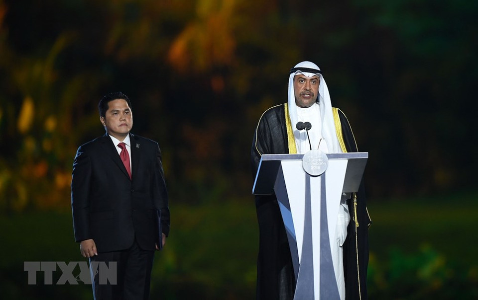 El presidente del Consejo Olímpico de Asia, Ahmad al-Fahad al-Sabah, interviene en la inauguración