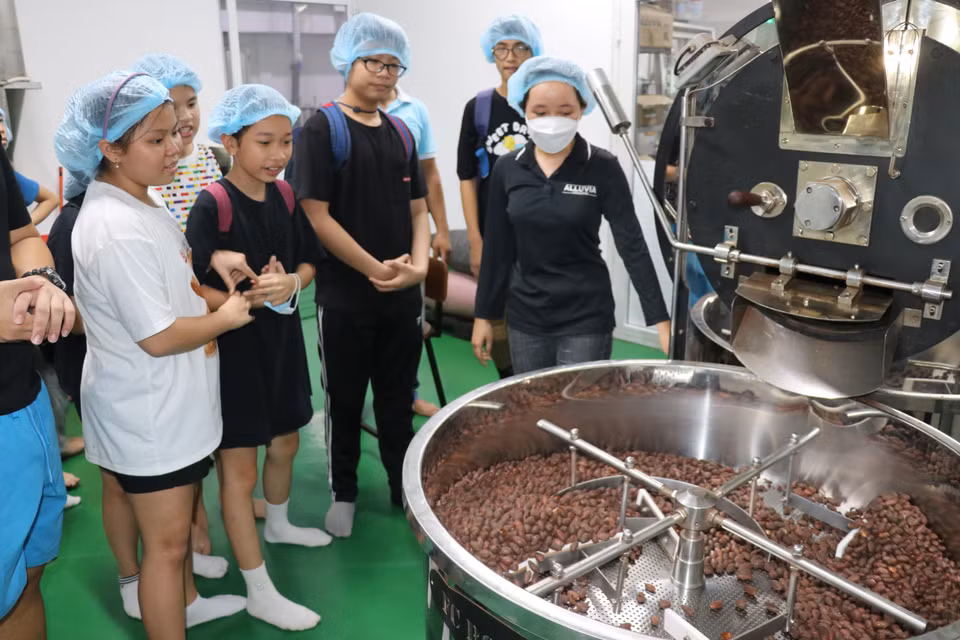 Jóvenes turistas conocen el proceso de tostar los granos de cacao para producir chocolate. Foto: VN