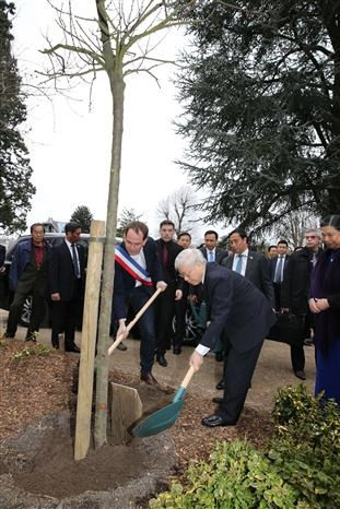 El secretario general del PCV, Nguyen Phu Trong, y el gobernador de Montreuil, Patrice Bessac, siembran un árbol en el Espacio Ho Chi Minh en la ciudad de Montreuil (Fuente: VNA)