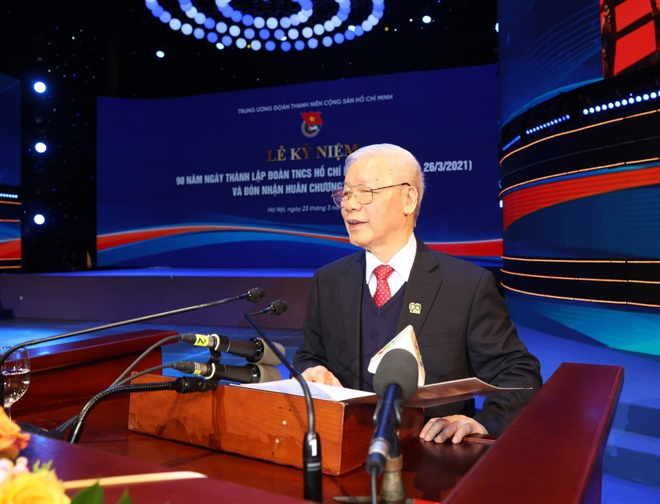 El secretario general del Partido Comunista y presidente de Vietnam (PCV), Nguyen Phu Trong, interviene en la ceremonia. (Foto: VNA)