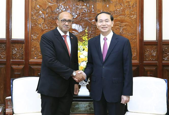 Las relaciones entre Vietnam y Cuba son lazos especiales y ejemplares, reafirmó el presidente del país sudesteasiático, Tran Dai Quang al recibir hoy en Hanoi al saliente embajador de la nación latinoamericana, Herminio López Díaz (Fuente: VNA)