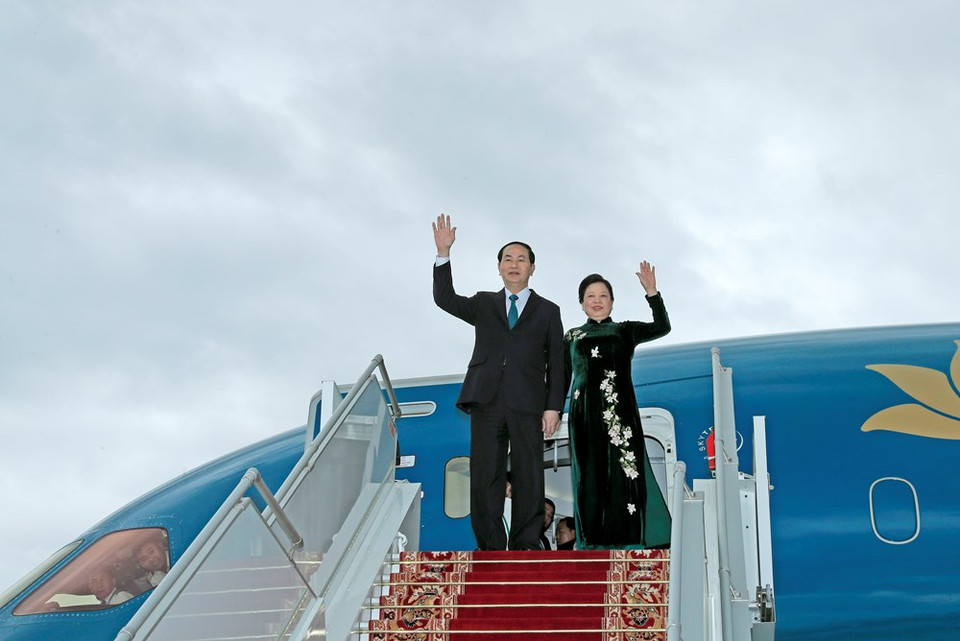 El presidente de Vietnam, Tran Dai Quang, arribó al aeropuerto de Minsk para iniciar su visita de tres días a Belarús (Fuente; VNA)
