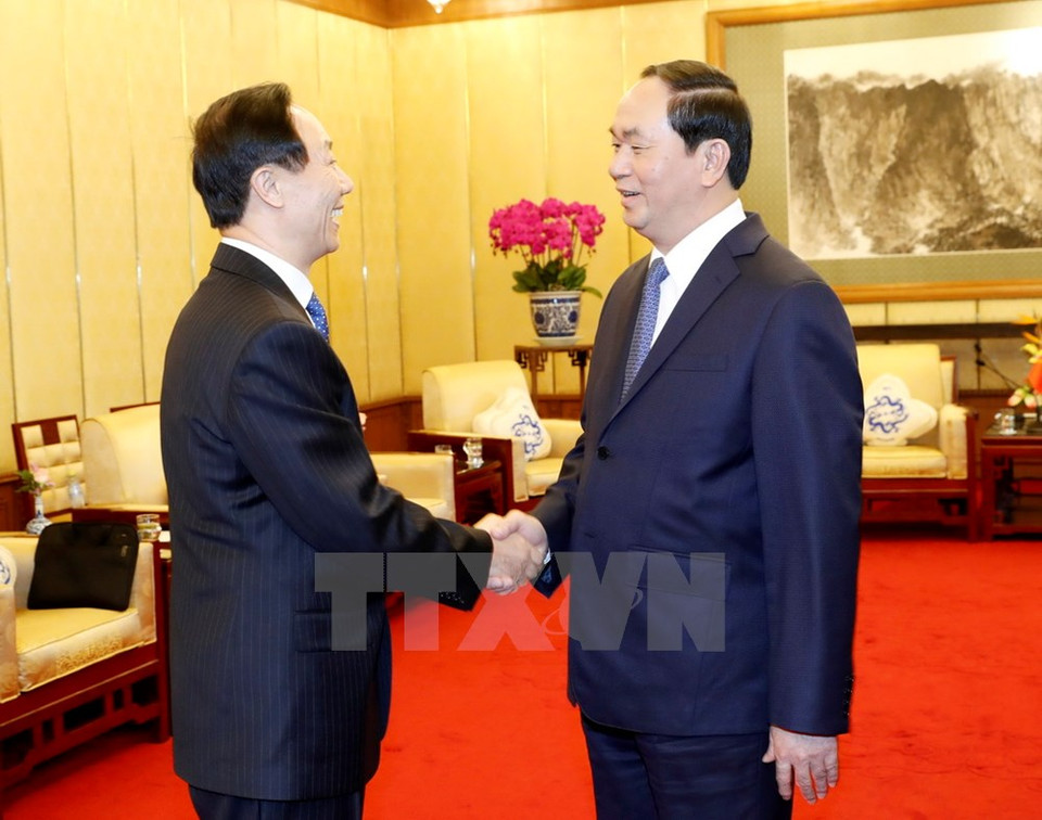 Tran Dai Quang recibe a Wang Jiarui, vicepresidente de la Conferencia Consultiva Política del Pueblo Chino (Fuente: VNA)