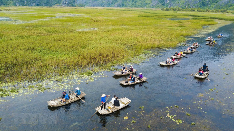 Los visitantes disfrutan de la belleza de la laguna Van Long y observan la belleza natural en la temporada de migración de las aves. (Foto: VNA)