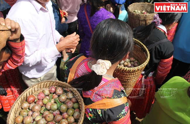 Las muchachas invitan a turistas a disfrutar de las frutas recién cosechadas.