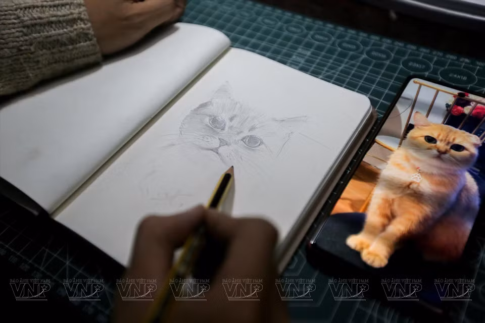El artista dibuja un boceto después de observar y conocer las acciones de las mascotas. (Fuente: VNA)