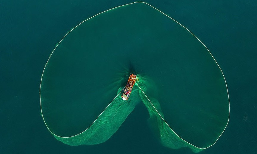os barcos de pesca se ven diminutos en comparación con las redes de color verde en medio del océano. (Fuente: DailyMail)