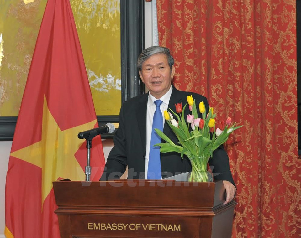 Dinh The Huynh dialoga con funcionarios de la Embajada de Vietnam (Fuente: VNA)