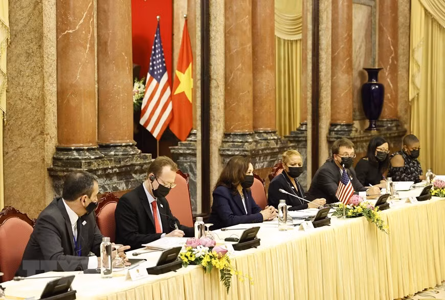 La vicepresidenta de Estados Unidos, Kamala Harris, en la reunión (Foto: VNA)