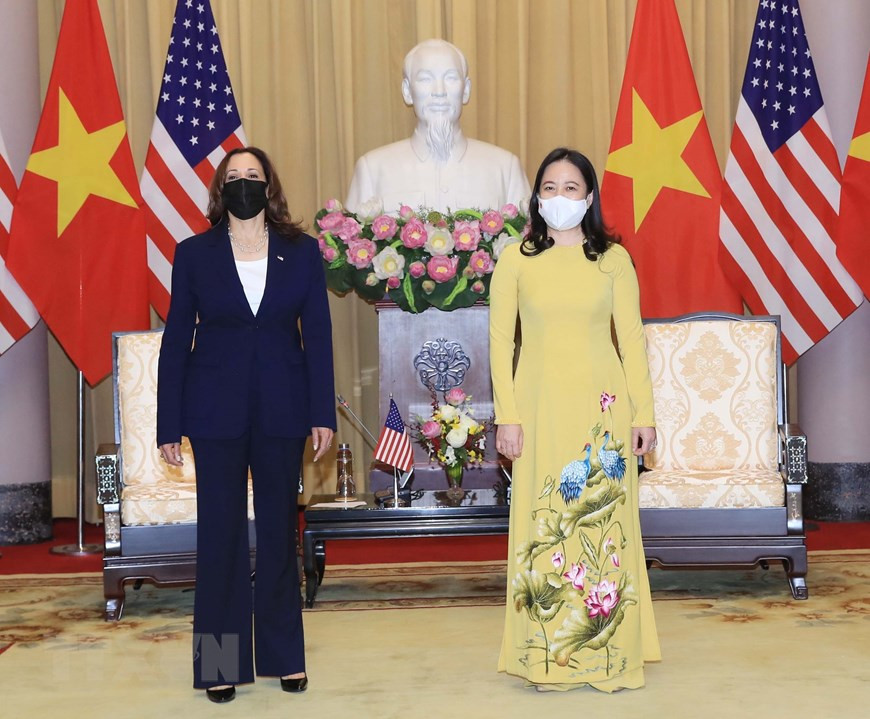 Las vicepresidentas Vo Thi Anh Xuan y Kamala Harris en la reunión (Foto: VNA)