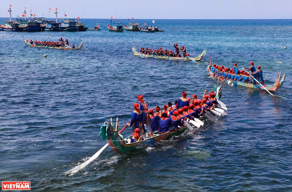 La carrera se nombra “Tu Linh” en la que compiten cuatro botes, cada uno con el nombre de un animal de las cuatro criaturas sagradas (Tu Linh): dragón (Long), qilin (Ly), tortuga (Quy) y fénix (Phung) (Foto: VNA)