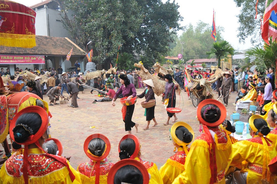 Varones disfrazados como muchachas siembran semillas de arroz (Fuente: VNA)