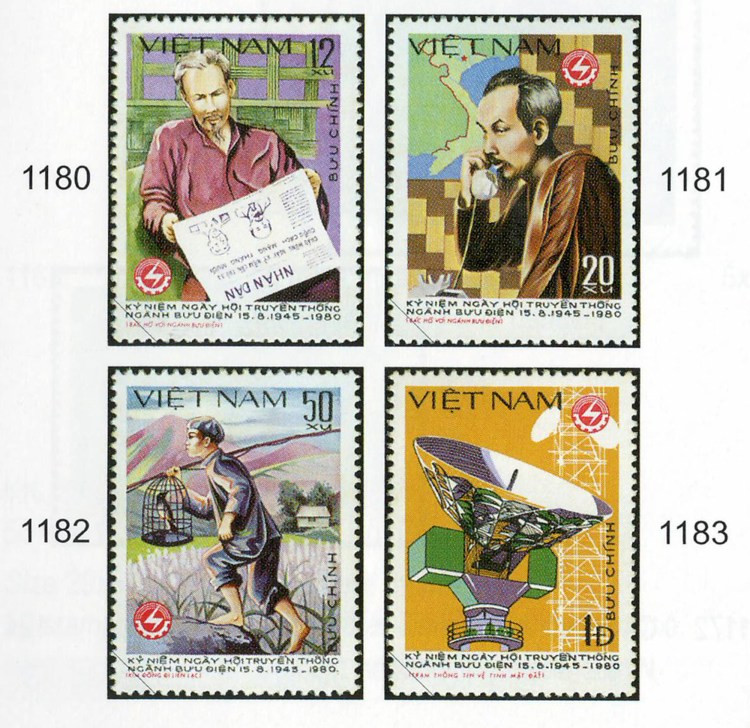 Los sellos conmemorativos del 35 aniversario de la Corporación de Correo de Vietnam (15 de agosto de 1945-1980), diseñados por los pintores Tran Huy Khanh (1180), Tran Ngoc Uyen (1181), Nguyen Hiep (1182) y Tran Luong (1183).