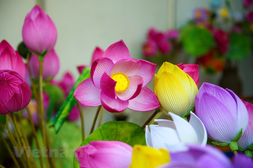 Actualmente, hay alrededor de 10 familias en el pueblo que aún conservan las técnicas tradicionales de hacer flores de papel a mano. Para elaborar una flor, todas las etapas se realizan manualmente. Los creadores tienen que dedicar mucho tiempo y necesitan de gran meticulosidad y manos hábiles para producir una flor. Todos los detalles están hábilmente preparados por artesanos. El bambú se parte, se seca, se tiñe con papel y luego se convierte en plantas de flores completas. Las flores se plantarán en un tallo. Cada tallo tendrá 100 flores y el vendedor llevará el ramo de flores al hombro para caminar por las calles y mercados. (Foto: Vietnam+)