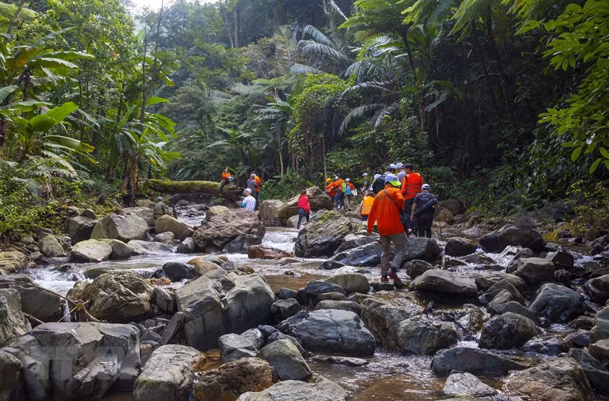 Los visitantes completan el recorrido Khe Nuoc Trong-Suoi Tien (Foto: VNA)