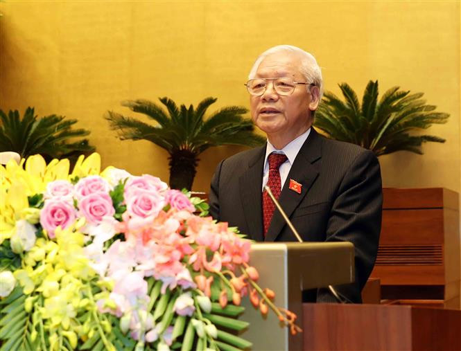 El secretario general del Partido Comunista y Presidente de Vietnam, Nguyen Phu Trong, pronuncia un discurso después del juramento (Fuente: VNA)