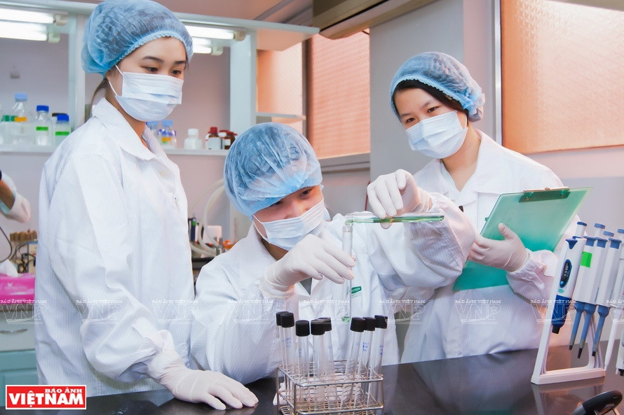 Jóvenes técnicos trabajan en el laboratorio de estudio de vacunas de VABIOTECH (Foto: VNA)