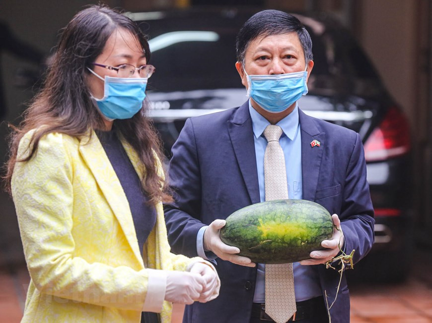 Se movilizan 20 funcionarios y trabajadores de la Embajada para repartir sandías a los residentes locales y se reparten también mascarillas a las personas que realizan la cola para recibir sandías. Durante el proceso, todo el personal de la misión diplomática de Kuwait en Hanoi utilizan guantes y mascarillas, en aras de evitar la transmisión inesperada del virus SARS-CoV-2. La Embajada de Kuwait espera que el buen gesto sea multiplicado entre la comunidad, en pos de intensificar el respaldo mutuo en situaciones difíciles, en especial en el período epidémico. Según la Embajada, la solidaridad en la situación tal como hoy contribuirá a repeler el mal y a ayudar a las agricultores afectados a superar las dificultades (Fuente: V+)