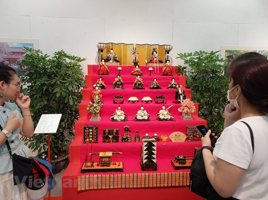 La colección de muñecas Hina se muestra en orden descendente en estantes cubiertos con una tela (generalmente de terciopelo) que se llama “dankake” y es una especie de alfombra roja con acabado de arcoíris en la parte inferior. El nivel superior está ocupado por el emperador y la emperatriz/princesa. Los siguientes niveles incluyen tres damas de la corte, cinco músicos, dos sirvientes y tres guerreros o guardianes. Las muñecas están a menudo rodeadas de pequeños muebles y sofisticadas piezas de decoración, que representan la regencia de la era Heian. La tradición de adornar las casas con muñecas en Japón para celebrar el día de las niñas ha ido ganando popularidad año a año. (Foto: Vietnam+)