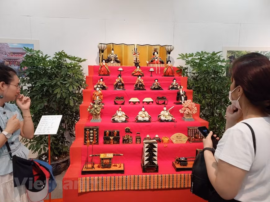 La colección de muñecas Hina se muestra en orden descendente en estantes cubiertos con una tela (generalmente de terciopelo) que se llama “dankake” y es una especie de alfombra roja con acabado de arcoíris en la parte inferior. El nivel superior está ocupado por el emperador y la emperatriz/princesa. Los siguientes niveles incluyen tres damas de la corte, cinco músicos, dos sirvientes y tres guerreros o guardianes. Las muñecas están a menudo rodeadas de pequeños muebles y sofisticadas piezas de decoración, que representan la regencia de la era Heian. La tradición de adornar las casas con muñecas en Japón para celebrar el día de las niñas ha ido ganando popularidad año a año. (Foto: Vietnam+)