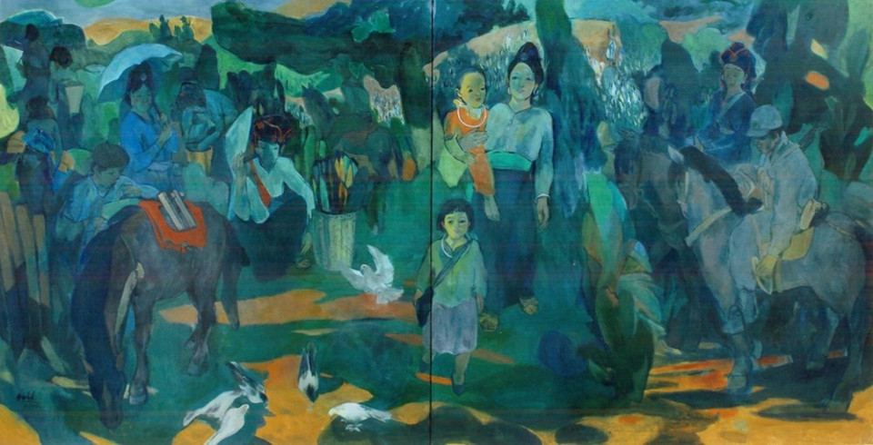 Pintura al óleo “Tarde en la frontera” retrata la vida tranquila de los residentes de grupos minoritarios.