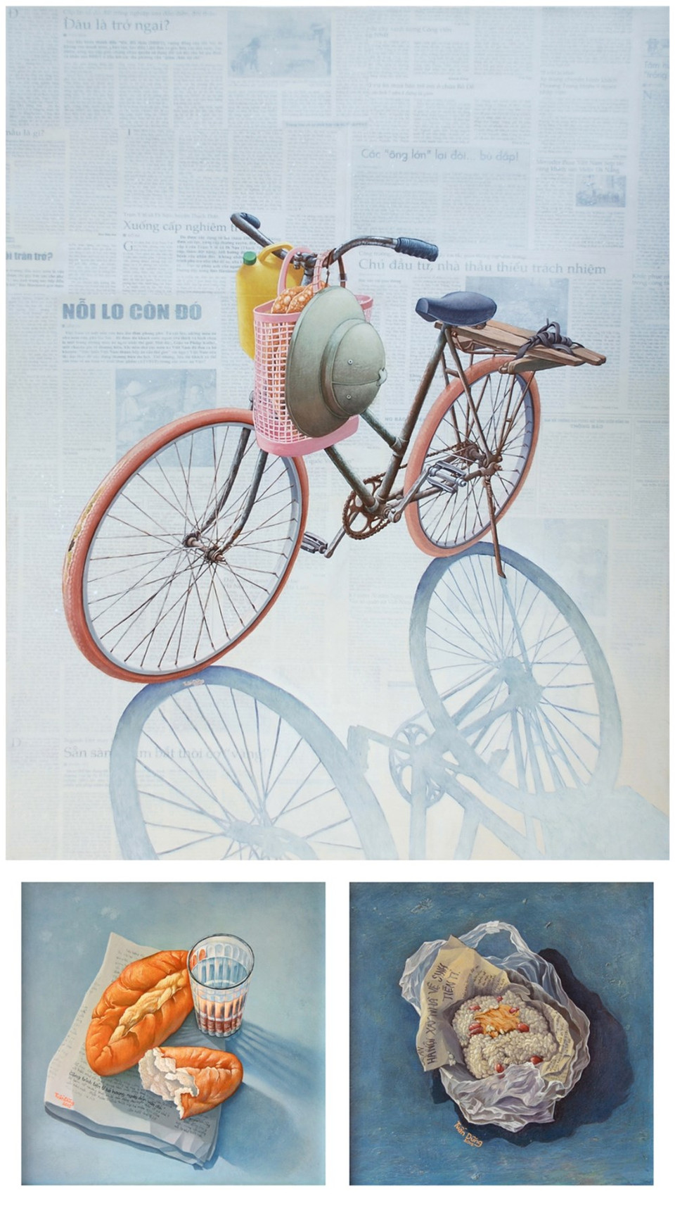 “Los amigos” (pintura acrílica) con la antigua bicicleta, el casco desteñido y las comidas sencillas – “amigos” que acompañan a trabajadores pobres. 