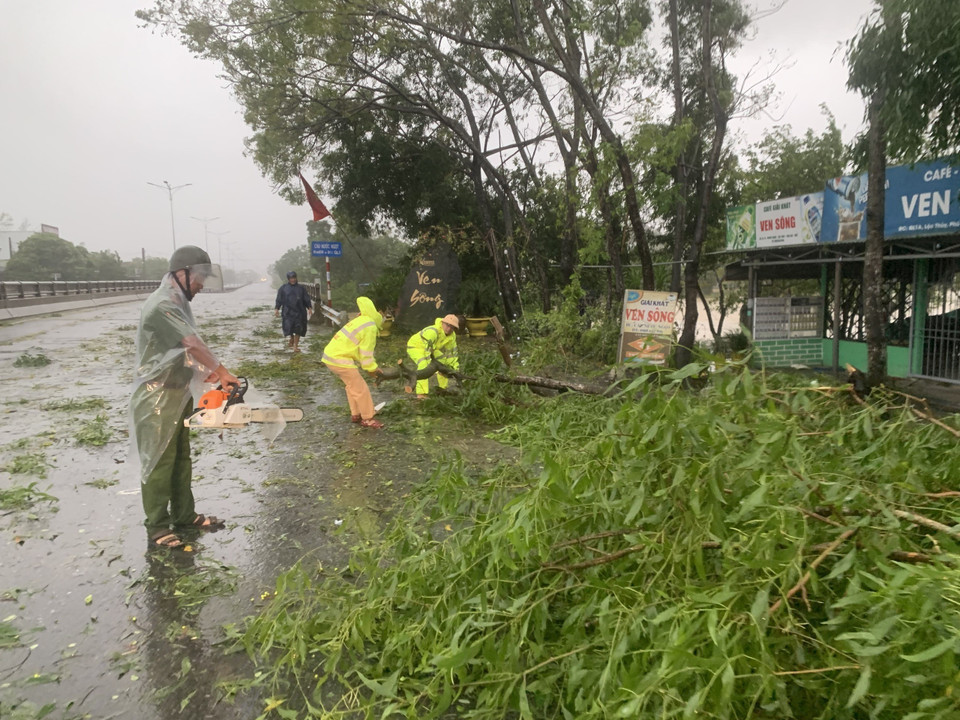 La policía de tránsito de la provincia de Thua Thien - Hue limpia las ramas de los árboles (Fuente: VNA)