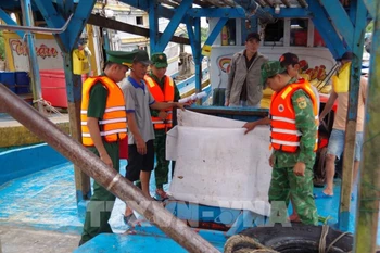 Guardias fronterizos de la provincia de Dong Thap inspeccionan y verifican los barcos pesqueros antes de que salgan del puerto. (Foto: VNA)