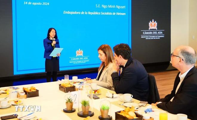 La embajadora vietnamita, Ngo Minh Nguyet, presenta las potencialidades de Vietnam en el evento. (Foto: VNA) 1508daisuvietnamargentina-970.jpg.webp