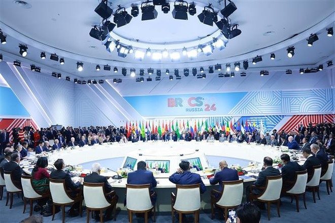 Los delegados en el evento. (Foto: VNA) vna_potal_thu_tuong_du_phien_toan_the_hoi_nghi_cac_nha_lanh_dao_nhom_brics_mo_rong__7668481.jpg