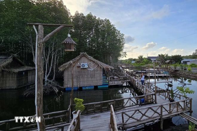 Casas con techo de paja en el sitio de ecoturismo de Hoang Hon (comuna de Dat Mui, distrito de Ngoc Hien, provincia de Ca Mau). (Foto: VNA) mau-du-lich-4-2953.jpg.webp
