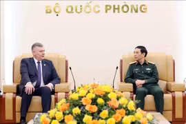 El general Phan Van Giang, miembro del Buró Político del Partido Comunista de Vietnam, subjefe de la Comisión Militar Central y ministro de Defensa, recibe al viceministro de Defensa Nacional de Polonia, Pawel Bejda. (Fuente: VNA)